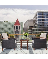 3PCS Patio Wicker Sofa Set Acacia Wood Frame