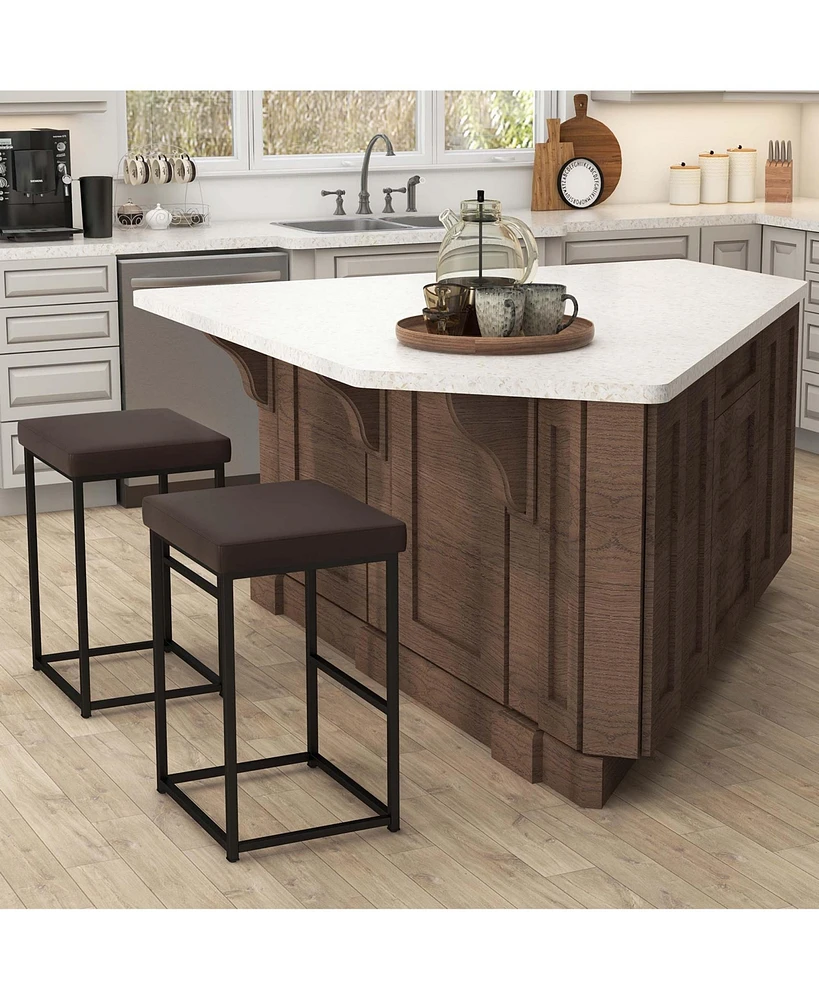 30" Barstools Set of 2 Upholstered Bar Height Chairs Pu Leather w/Footrest