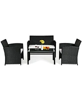 4PCS Patio Rattan Furniture Conversation Set Cushioned Sofa Coffee Table Garden