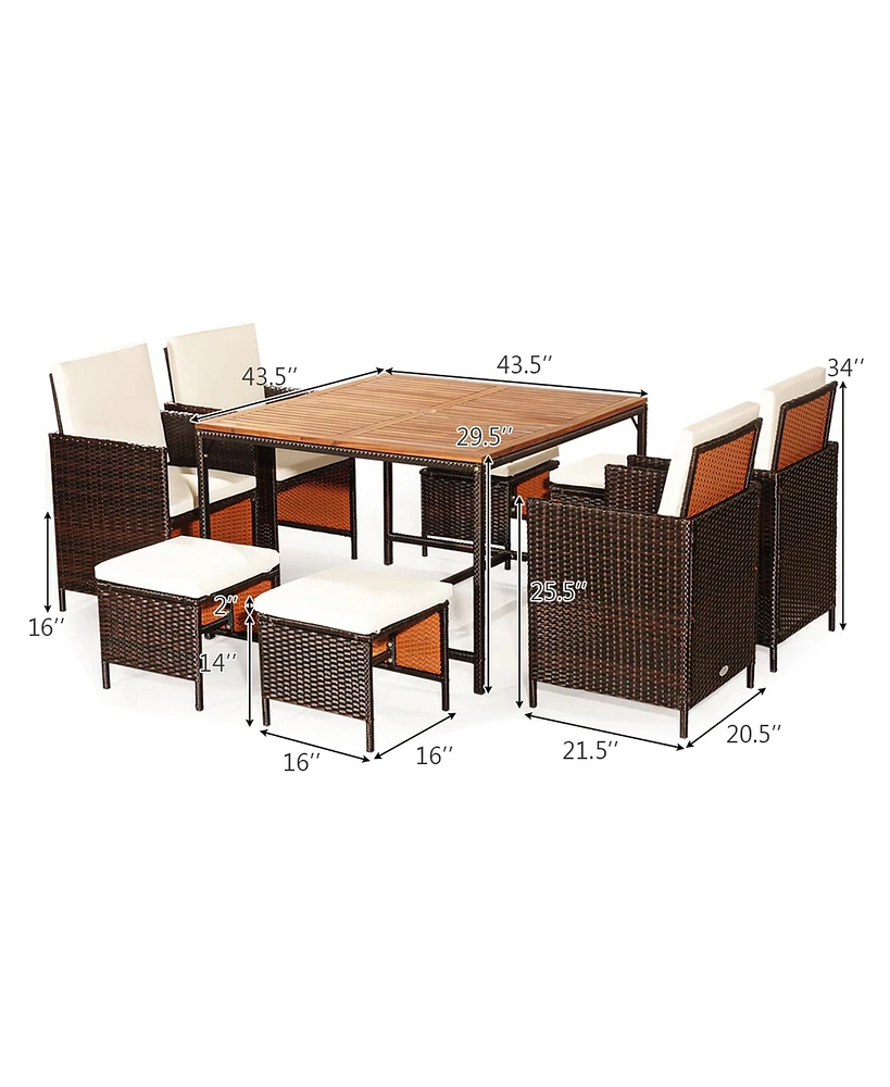 9PCS Patio Rattan Dining Set Cushioned Chairs Ottoman Wood Table Top