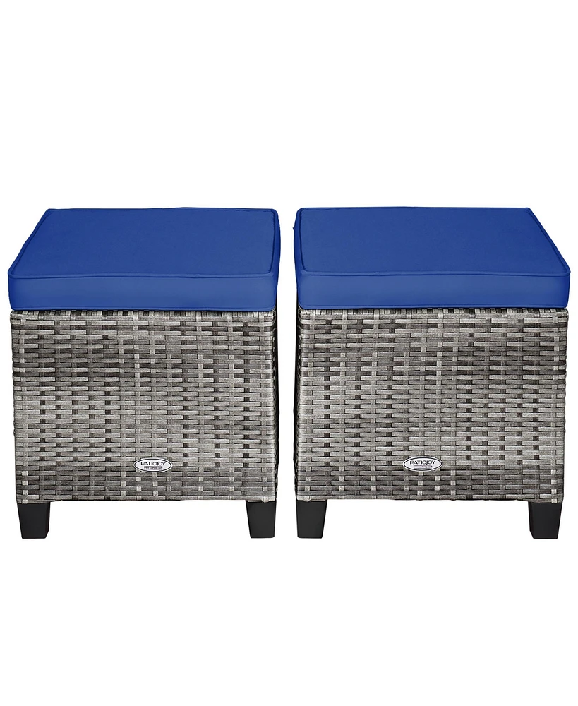 2PCS Patio Rattan Cushioned Ottoman Seat Foot Rest Table