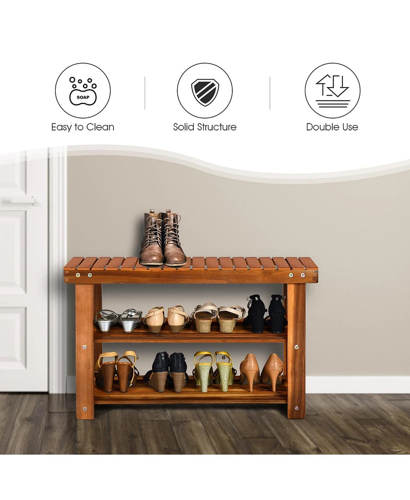 3-Tier Wood Shoe Rack 27.5' Shoe Bench Freestanding Boots Organizer Heavy-duty