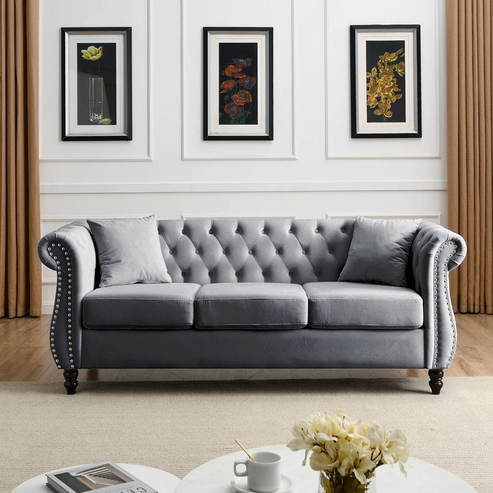 Grey Velvet Tufted 3-Seater Sofa with Pillows