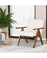 2 Pcs Modern Accent Chair Linen Fabric Armchair with Solid Acacia Wood Frame