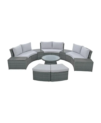 10-Pc Half-Round Rattan Patio Sofa Set, Free Combo, Blue