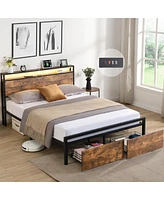 Queen Size Storage Bed with Led Lights & Charging Station