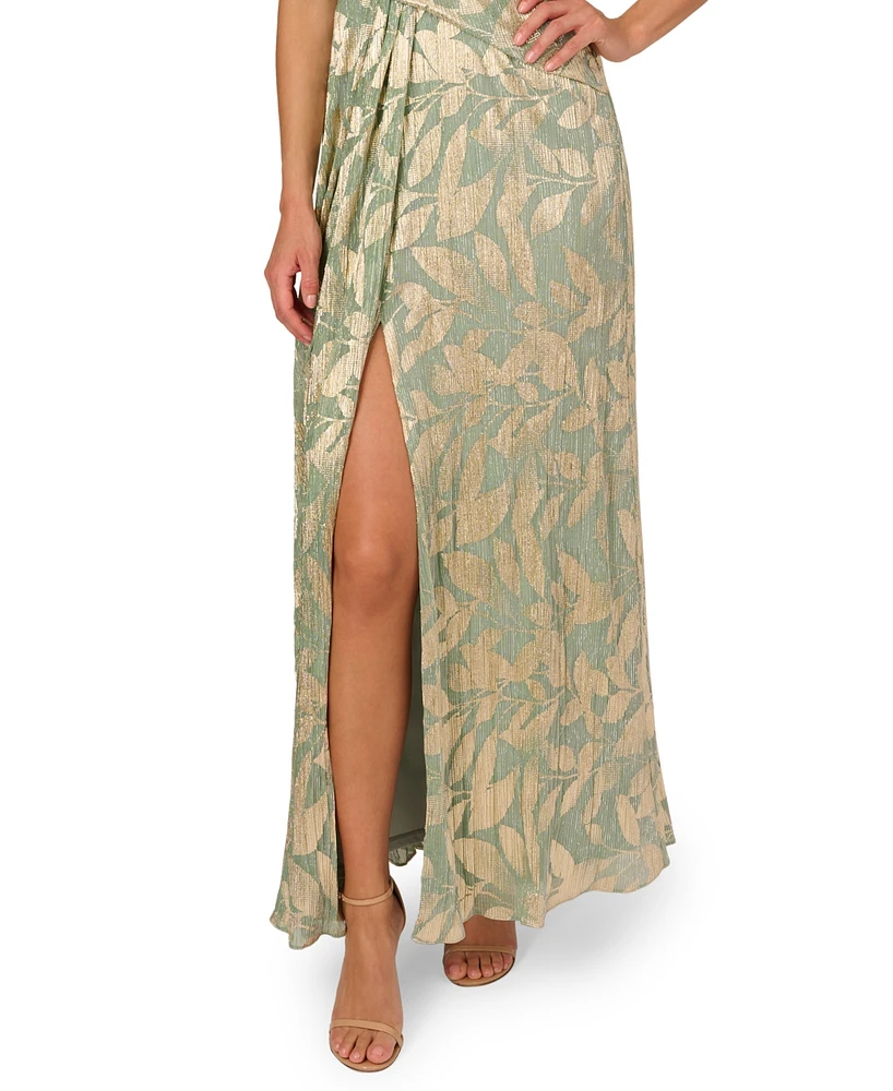 Adrianna Papell Women's Foil Leaf Flutter-Sleeve Draped Gown