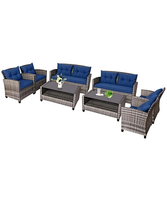 8 Pcs Patio Rattan Furniture Set Coffee Table Cushioned Sofa Garden Lawn Navy
