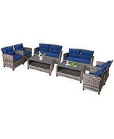 8 Pcs Patio Rattan Furniture Set Coffee Table Cushioned Sofa Garden Lawn Navy