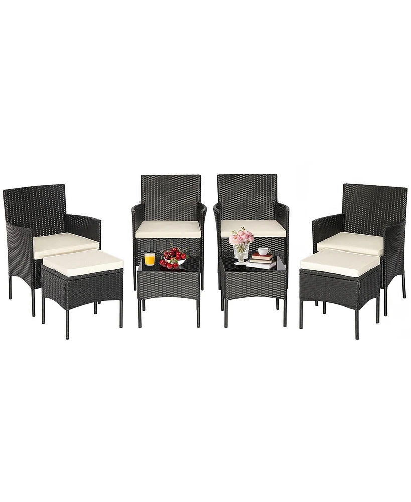 8PCS Patio Rattan Furniture Set Sofas Ottomans Cushioned Table Free Combination