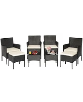 8PCS Patio Rattan Furniture Set Sofas Ottomans Cushioned Table Free Combination