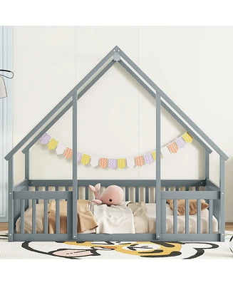 Full Wood House-Shaped Floor Bed with Fence, Guardrails, Grey