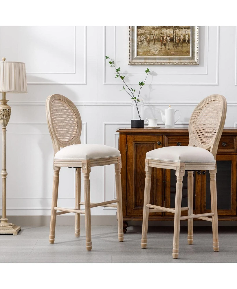 French Country Wooden Bar Stools Rattan Back With Upholstered Seating, Beige And Natural, Set Of 2