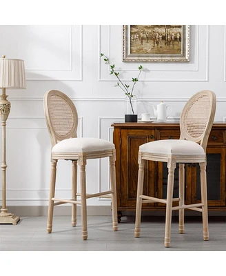 French Country Wooden Bar Stools Rattan Back With Upholstered Seating, Beige And Natural, Set Of 2