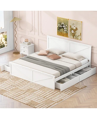 King Size Wooden Platform Bed with Four Storage Drawers and Support Legs, Gray