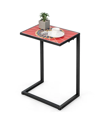 C-Shaped Outdoor Side Table with Waterproof Ceramic Top for Patio or Balcony