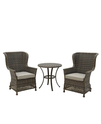 Mondawe 3-Piece Pe Rattan Wicker Patio Conversation Set Outdoor Chairs and Side Table with Gray Cushion