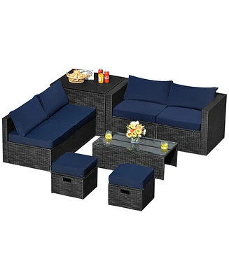 8PCS Patio Rattan Furniture Set Storage Table Ottoman