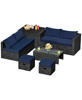 8PCS Patio Rattan Furniture Set Storage Table Ottoman