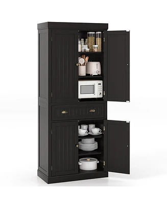 Gymax 72'' Kitchen Pantry Storage Cabinet Tall Freestanding Cupboard w/ 4 Doors Large Drawer Brown