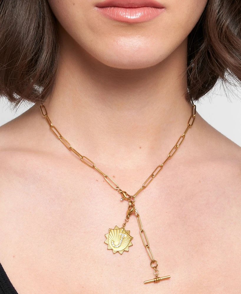 Adornia Gold Adjustable Paperclip with Crystal Initial Medallion Lariat Necklace