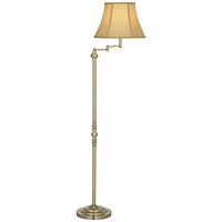 Montebello Traditional Adjustable Swing Arm Floor Lamp Standing 60" Tall Antique Brass Metal Column Golden Tan Bell Shade for Living Room Reading