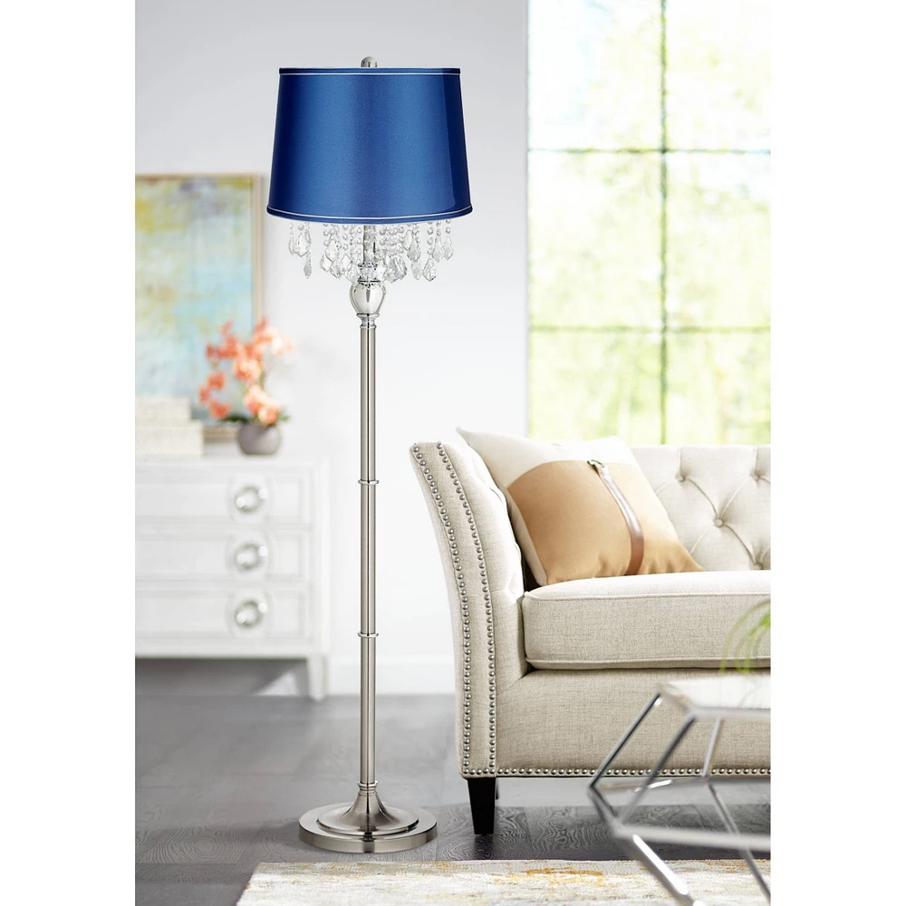 Drum Lamp Shade Sydnee Satin Blue Large 14" Top x 16" Bottom x 11" High Spider with Replacement Harp and Finial Fitting - Springcrest