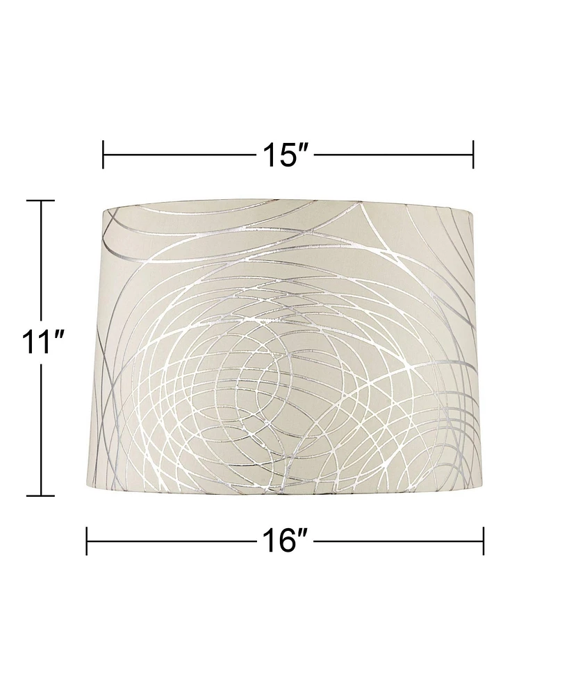 Cream with Silver Circles Large Drum Lamp Shade 15" Top x 16" Bottom x 11" High (Spider) Replacement with Harp and Finial