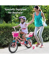 Gymax Inches Kids Bicycle w/ Doll Chair & Basket Kids Bike w/ Training Wheels Pink