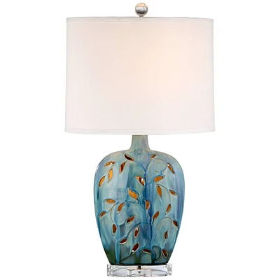 Devan Vines Country Cottage Style Table Lamp with Table Top Dimmer and Night Light Led 24.5" High Blue Ceramic White Fabric Oval Shade for Living
