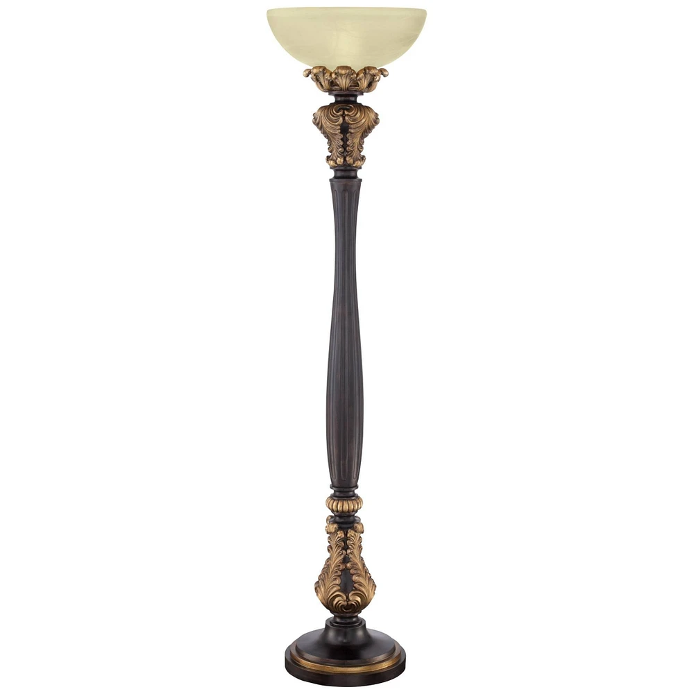 Barnes and Ivy Rita Traditional Victorian Torchiere Floor Lamp 75" Tall Carved Wood Amber Glass Shade Foot Dimmer Standing Light for Living Room Readi