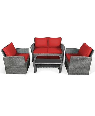 Sugift 4 Pieces Patio Rattan Furniture Set Sofa Table with Storage Shelf Cushion