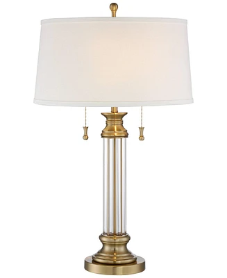 Rolland Traditional Table Lamp with Usb Dimmer 30" Tall Antique Brass Metal 2-Light Tapered Drum Shade for Living Room Bedroom House Bedside Nigh
