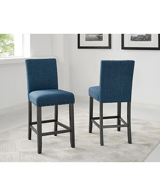 Blue Fabric Counter Height Stools with Nailhead Trim, Set of 2