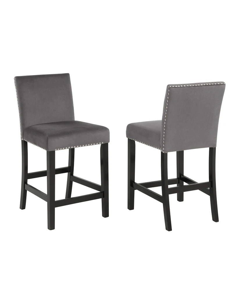 Contemporary Velvet Counter Stool with Nailhead Trim, Set of 2, Gray