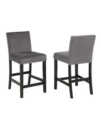 Contemporary Velvet Counter Stool with Nailhead Trim, Set of 2, Gray