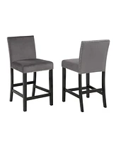 Contemporary Velvet Counter Stool with Nailhead Trim, Set of 2, Gray