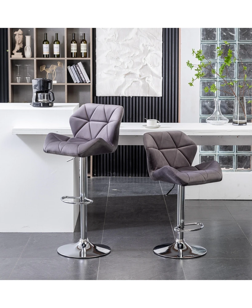Velvet Diamond Tufted Swivel Adjustable Height Barstool, Set of 2, Gray
