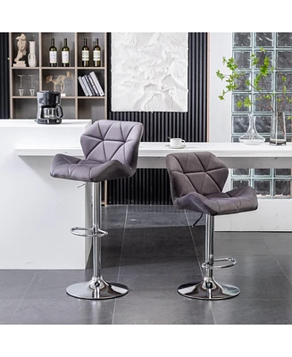Velvet Diamond Tufted Swivel Adjustable Height Barstool, Set of 2, Gray
