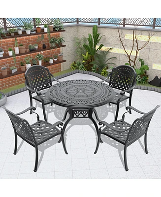 Premium Aluminum Table and 4 Stacking Chairs with Cushions, Black