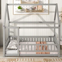 Full Size Floor Wooden Bed with House Roof Frame, Fence Guardrails, Grey