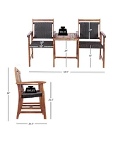 Gymax Patio Acacia Wood Conversation Companion Bench Loveseat Chair with Side Table