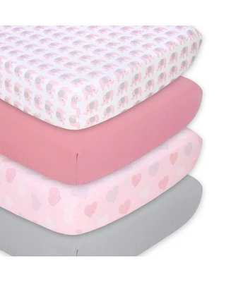 The Peanutshell Fitted Crib Sheet Set for Baby Girls, Pink Elephant, 4 Pack Set