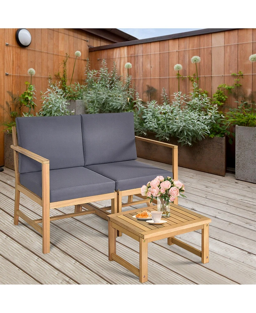 Gymax 3 in 1 Acacia Wood Furniture Set Patio Outdoor w/ Cushion Coffee Table