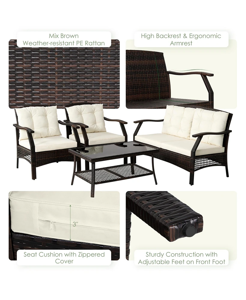 Gymax 4PCS Rattan Patio Conversation Furniture Set Wicker Sofa Set w/ Waterproof Cover