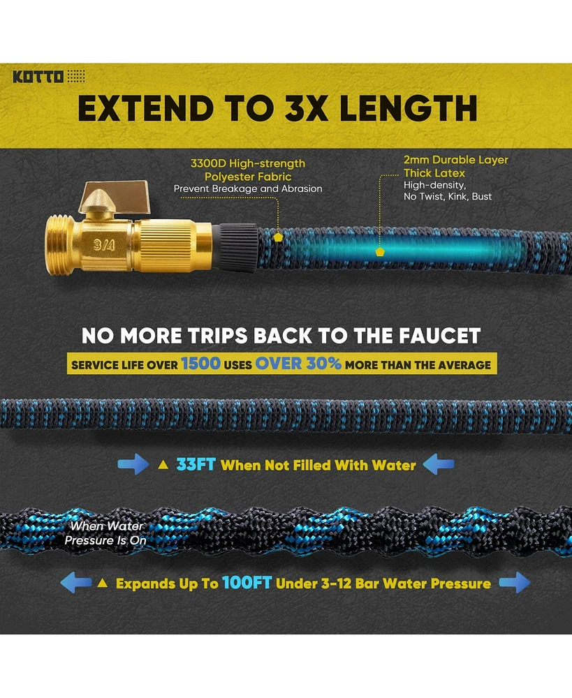 Kotto 150' Expandable Water Garden Hose: 10 Spray Nozzles, Solid Brass Connector, Leak-Proof Design