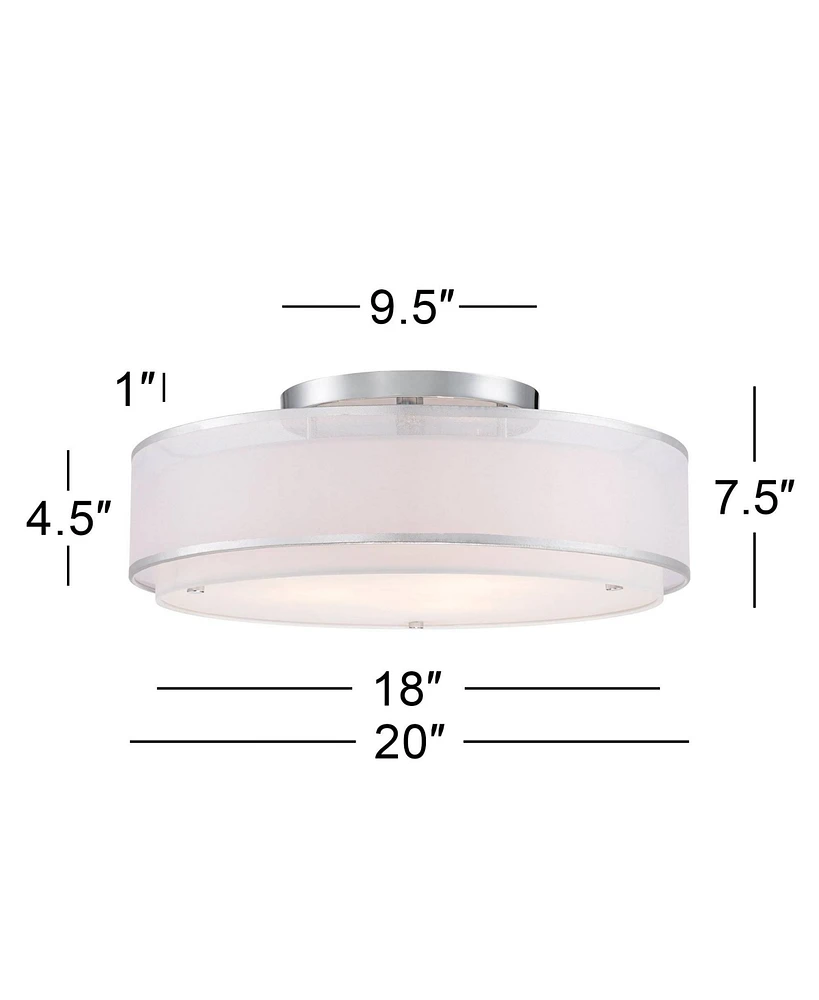 Possini Euro Design Double Organza Modern Ceiling Light Flush-Mount Fixture 20" Wide Chrome 3-Light Sheer Off White Drum Shades for Bedroom Kitchen Li