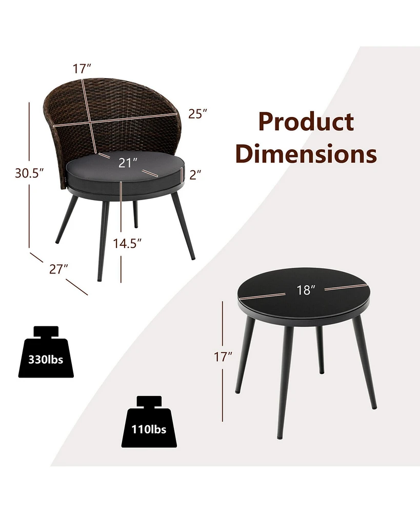 Gymax 3PCS Rattan Patio Bistro Set Outdoor Conversation Furniture Set w/ Seat Cushions