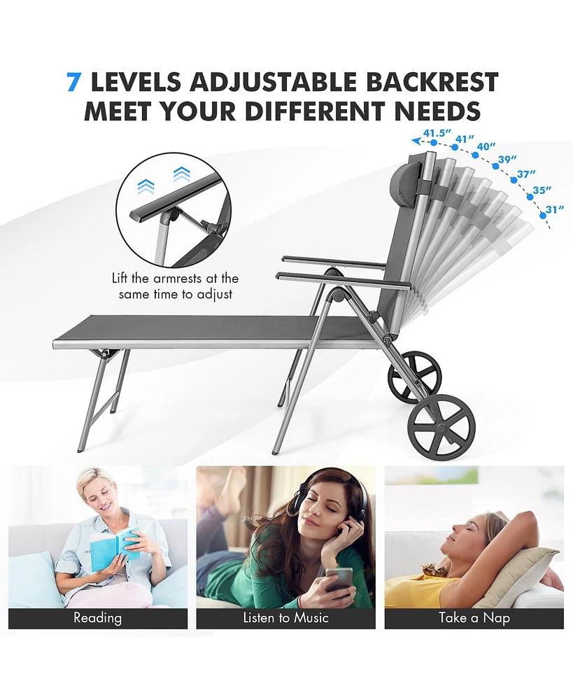 Gymax 2PCS Patio Recliner Chair Outdoor Adjustable Folding Chaise Lounge Chair w/ 2 Wheels