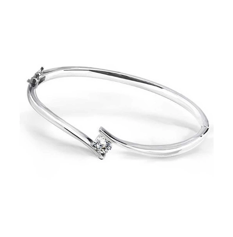 Bling Jewelry Simple Geometric Cz Solitaire Bypass Bangle Bracelet Sterling Silver Safety Clasp